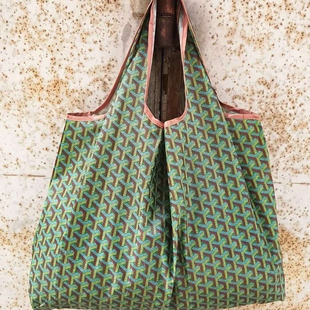 Tuck Away Chic Tote - Green Patterned Tote Bag