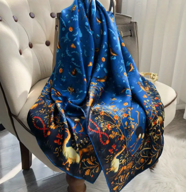 Classic Printed Silk Scarf/Shawl - Blue